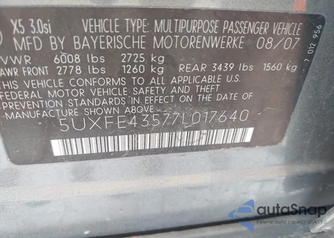 2007 BMW X5 3.0Si из США, поврежденный, VIN 5UXFE43577L017640